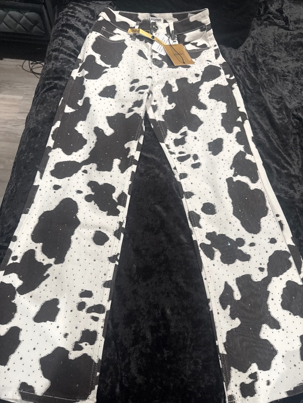 Cow print rhinestone jeans
